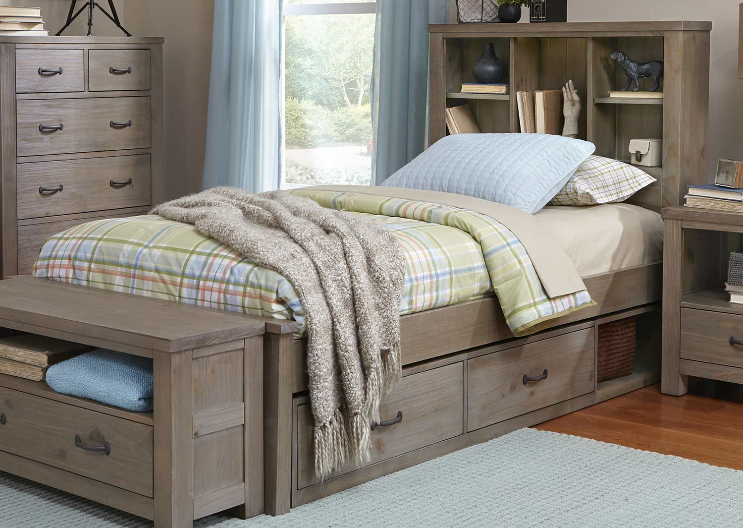 NE Kids Highlands Bookcase Bed With Storage - Driftwood