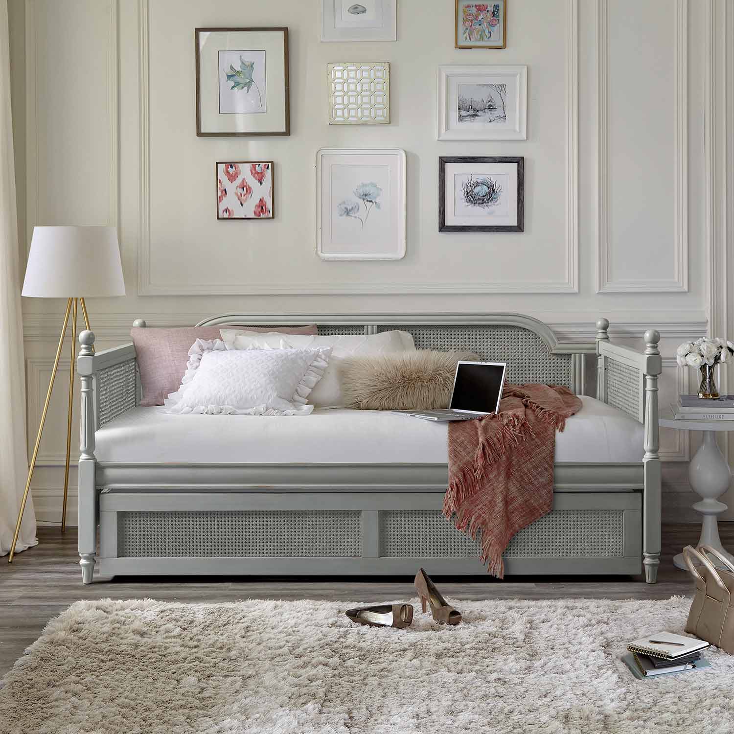 Hillsdale Melanie Wood and Cane Twin Daybed with Trundle - French Gray