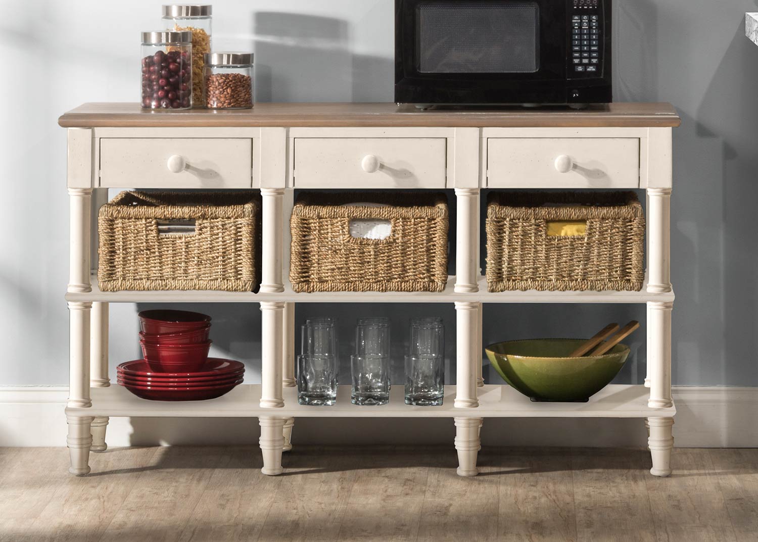 sofa table with baskets