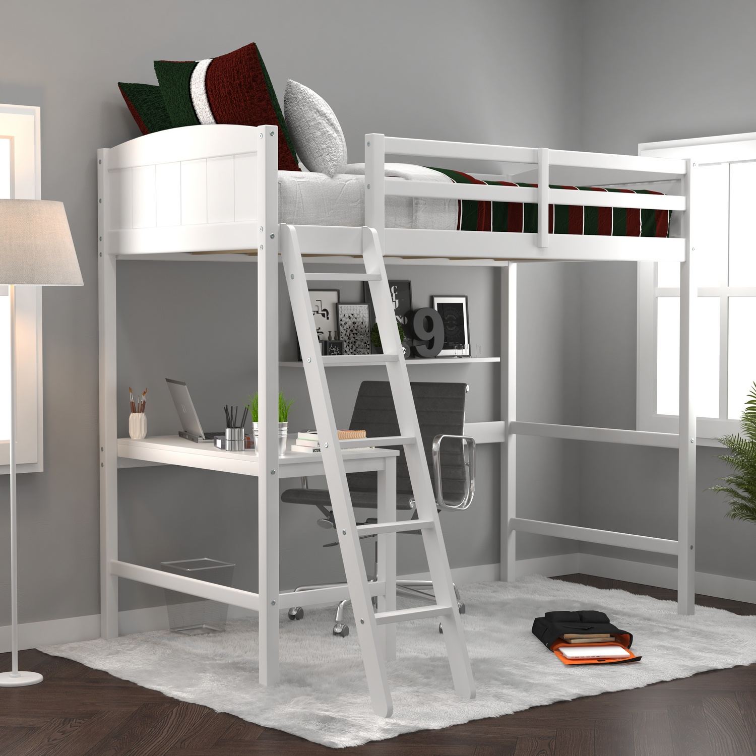 Hillsdale Alexis Wood Arch Twin Loft Bed with Desk - White