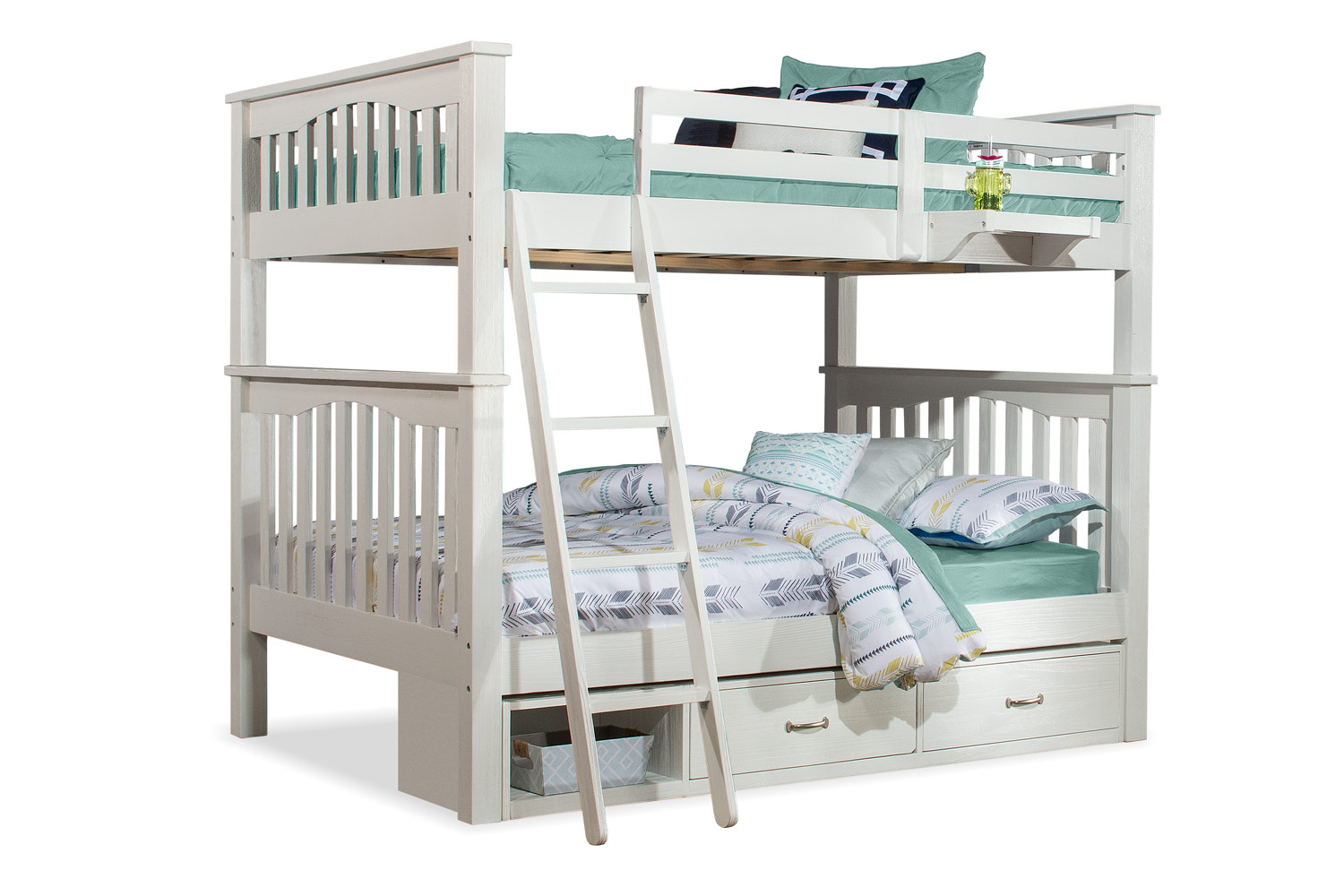 NE Kids Highlands Harper Full/Full Bunk Bed with Storage Unit and Hanging Nightstand - White Finish