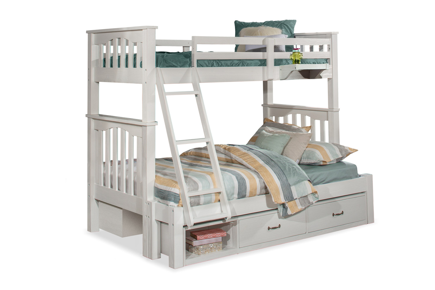 NE Kids Highlands Harper Twin/Full Bunk Bed with (2) Storage Units and Hanging Nightstand - White Finish