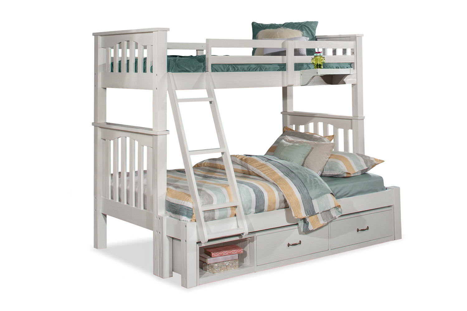 NE Kids Highlands Harper Twin/Full Bunk Bed with Storage Unit and Hanging Nightstand - White Finish