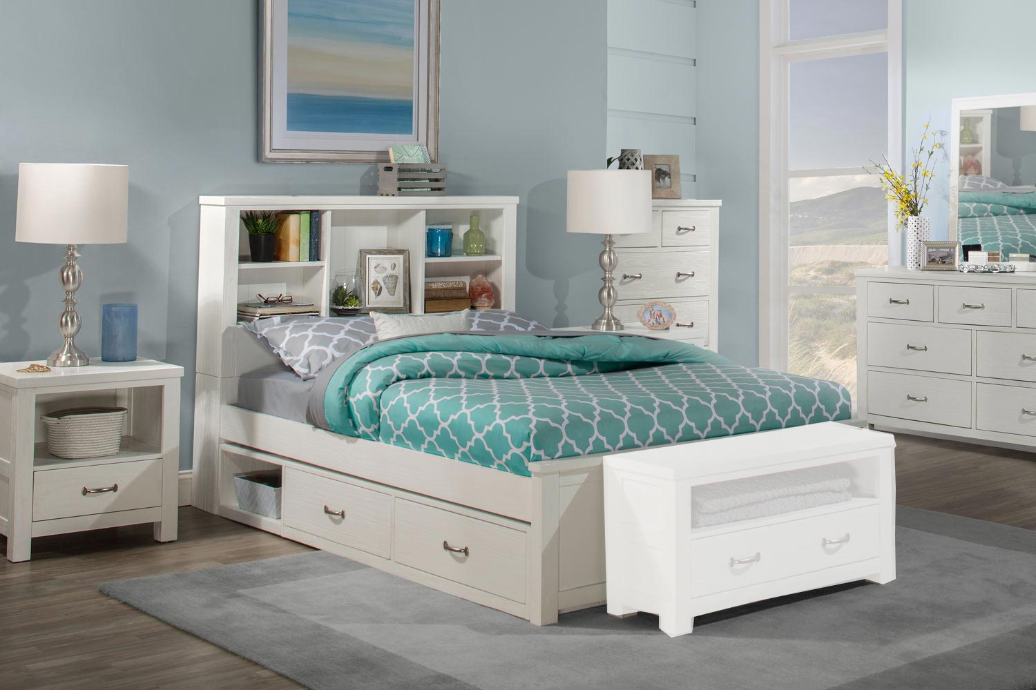 NE Kids Highlands Bookcase Bedroom Set with (2) Storage Units - White
