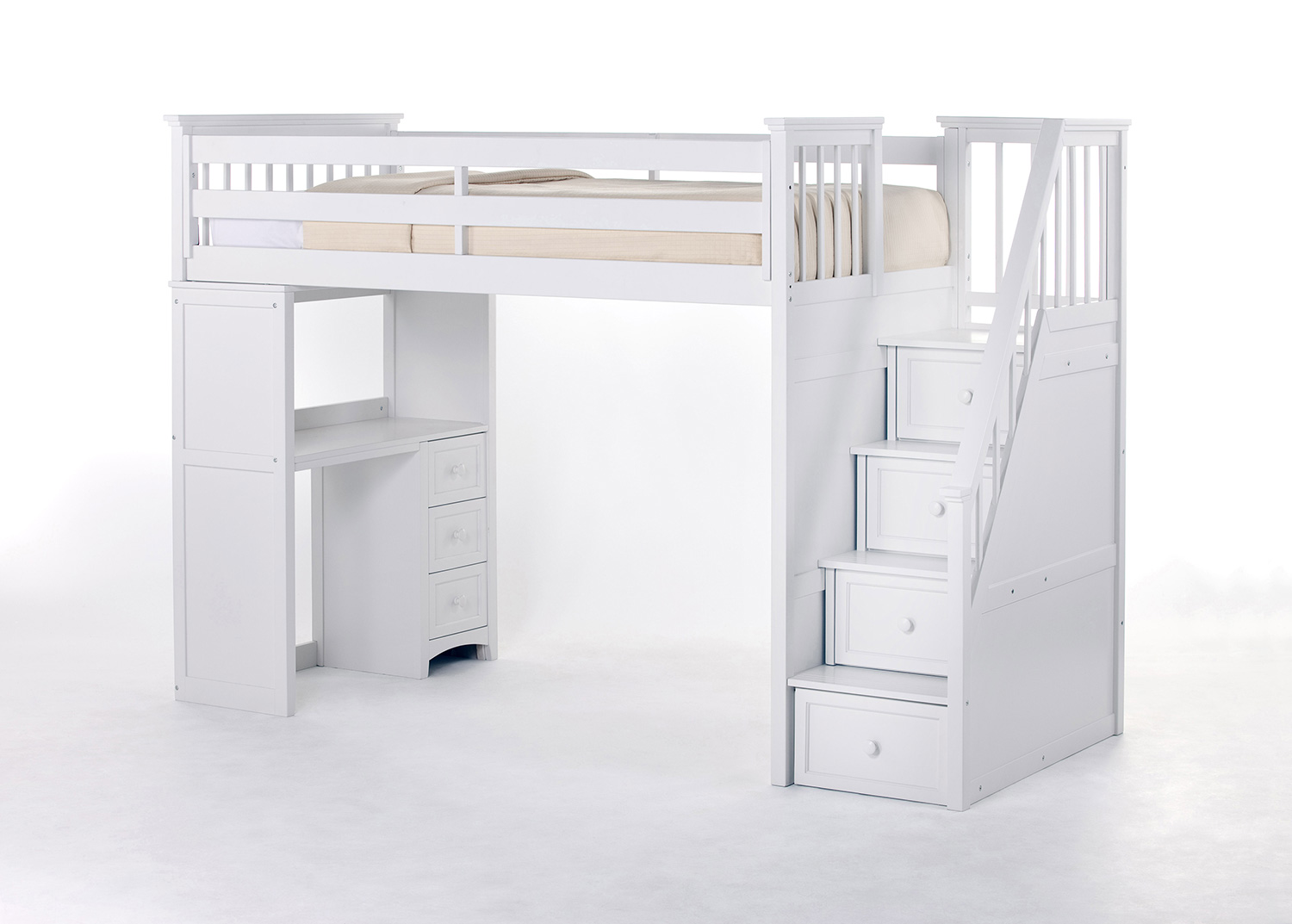 NE Kids SchoolHouse Stair Loft Bed with Desk End - White