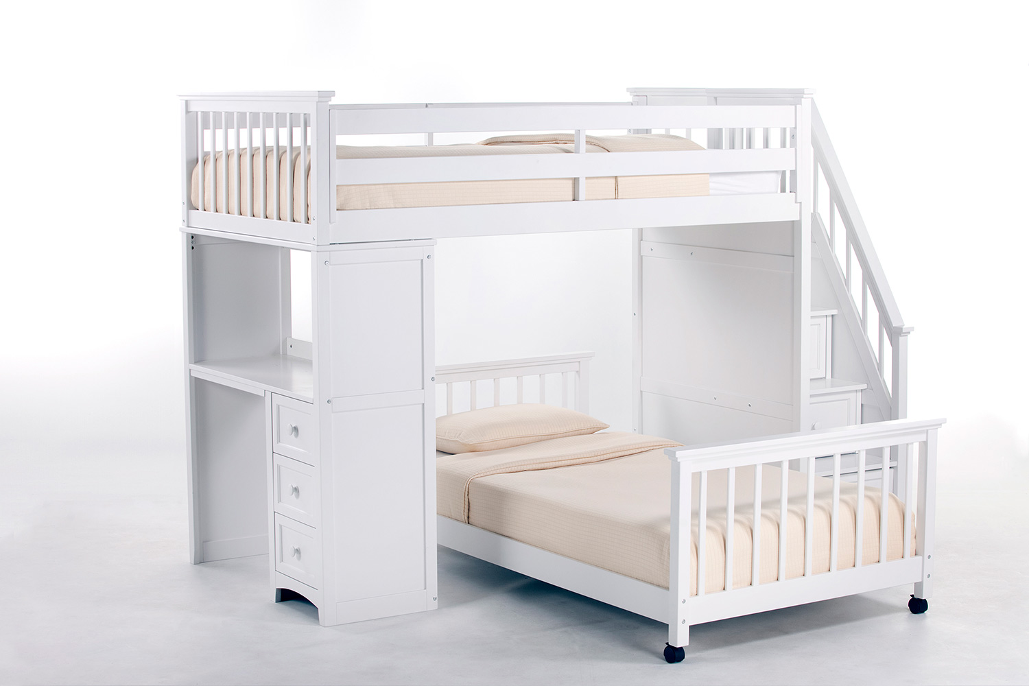 NE Kids SchoolHouse Twin Stair Loft Bed with Desk End and Full Lower Bed - White
