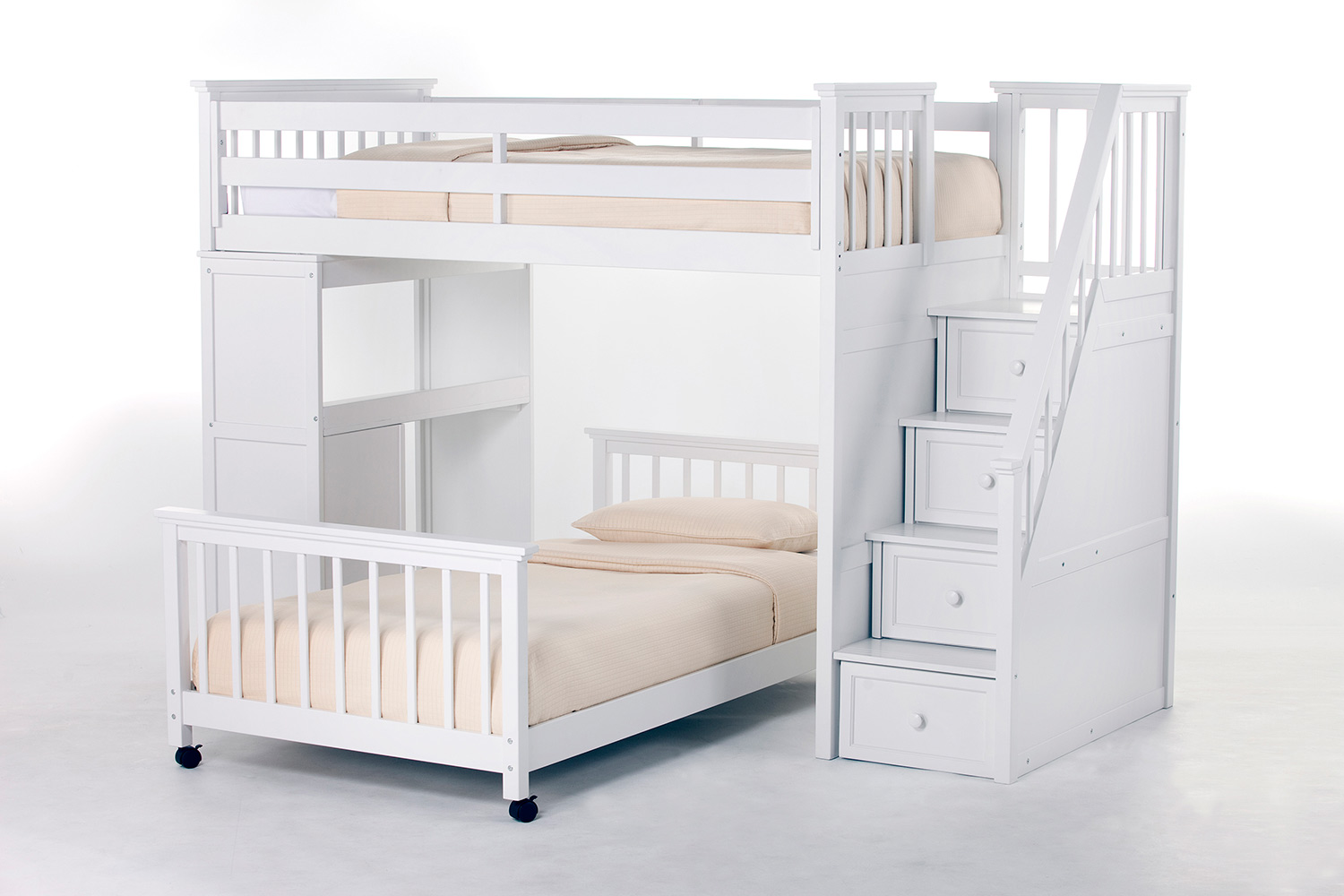NE Kids SchoolHouse Twin Stair Loft Bed with Desk End and Twin Lower Bed - White