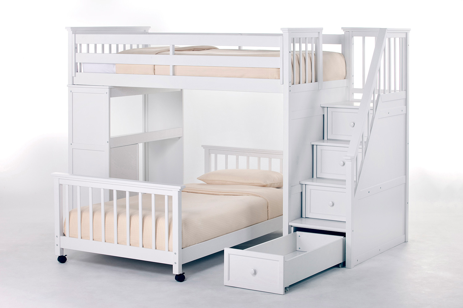 NE Kids SchoolHouse Twin Stair Loft Bed with Desk End and Twin Lower Bed - White