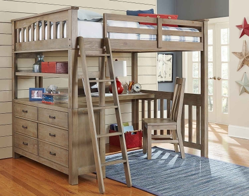 Highlands Loft Bed with Desk And Chair - Driftwood