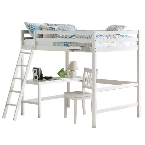 Caspian Full Loft Bed with Chair and Hanging Nightstand - White