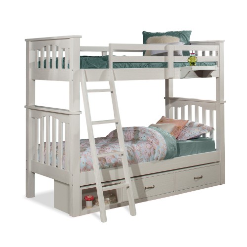 Highlands Harper Twin/Twin Bunk Bed with Storage Unit and Hanging Nightstand - White Finish