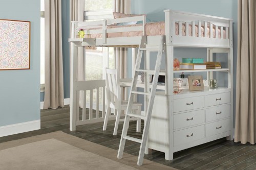 Highlands Loft Bed with Desk and Chair and Hanging Nightstand - White