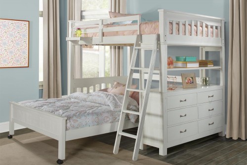 Highlands Loft Bed with Full Lower Bed and Hanging Nightstand - White